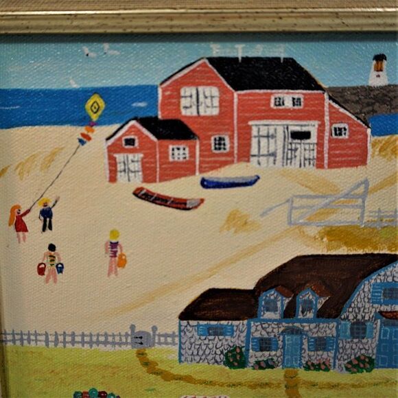 Primitive Americana Vintage Art Naif Folk Art BHC Signed Canvas Painting Naive - Picture 3 of 10